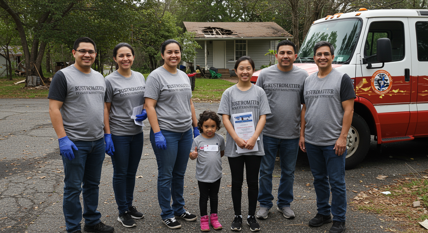 A community-focused image showing a group of restoration professionals volunteering to help a local family recover from storm damage, highlighting community involvement.