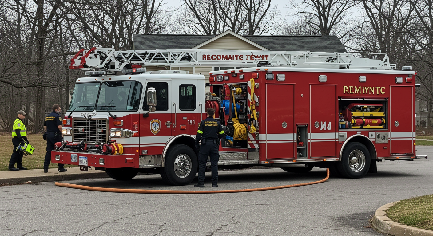 An emergency response vehicle parked outside a home in Richmond, KY, with technicians preparing to enter. The vehicle is equipped with water removal tools, emphasizing readiness for immediate action.