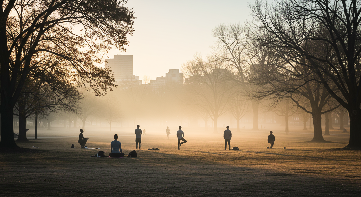 A serene landscape of Richmond, KY, showcasing a peaceful park where individuals are engaging in wellness activities such as yoga or meditation, symbolizing healing and recovery.