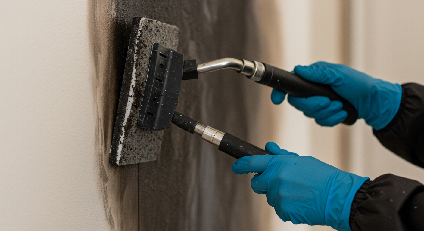 A close-up of a technician using specialized equipment to remove soot from a wall. The focus is on the tools and the technician’s careful actions, illustrating the advanced techniques used in smoke and soot removal.