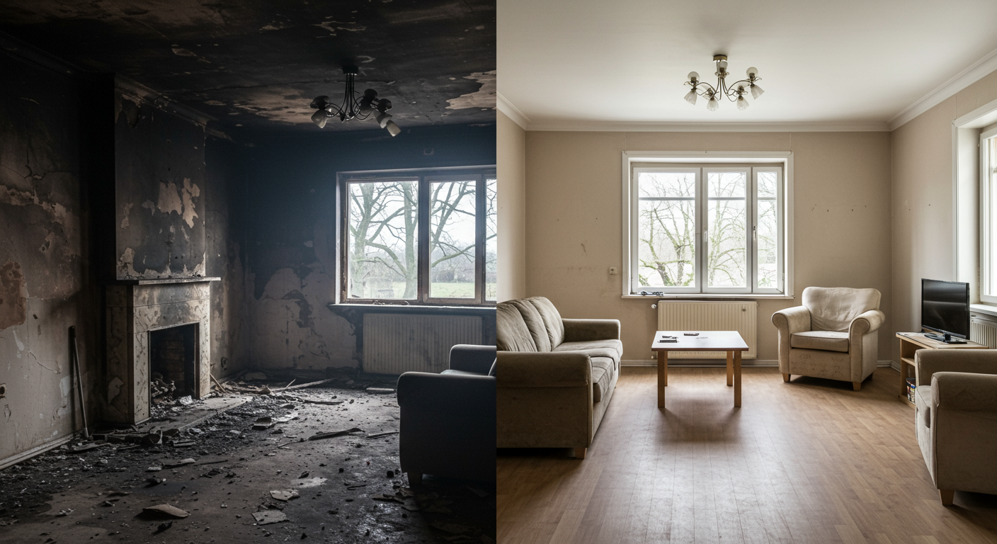 A split image showcasing a smoke-damaged living room on one side, with blackened walls and debris, and the other side showing the same room fully restored, bright and clean, with fresh paint and furniture.