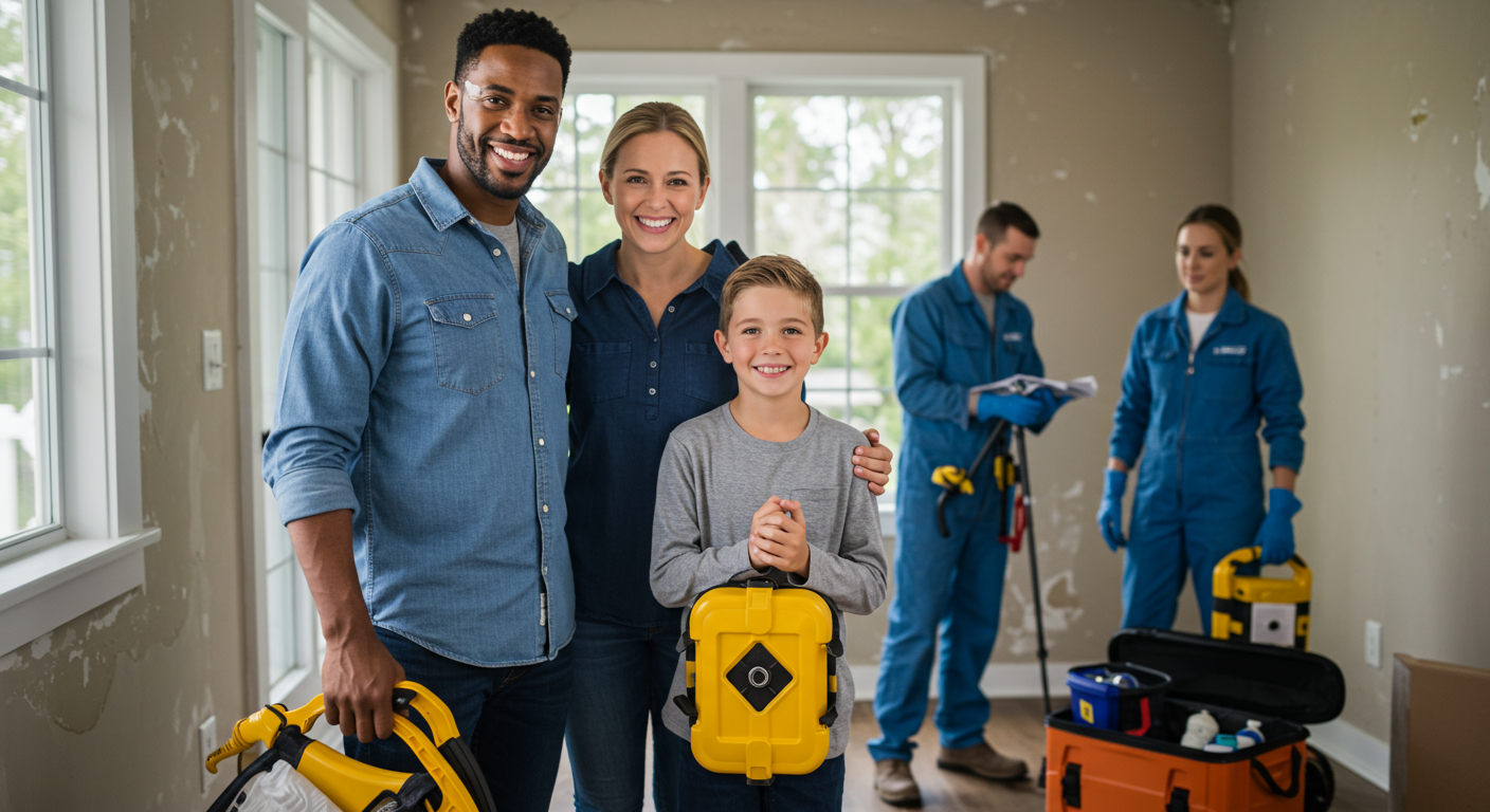 A smiling family standing in their restored home, expressing gratitude towards the restoration team. The technicians are in the background, packing up their equipment.