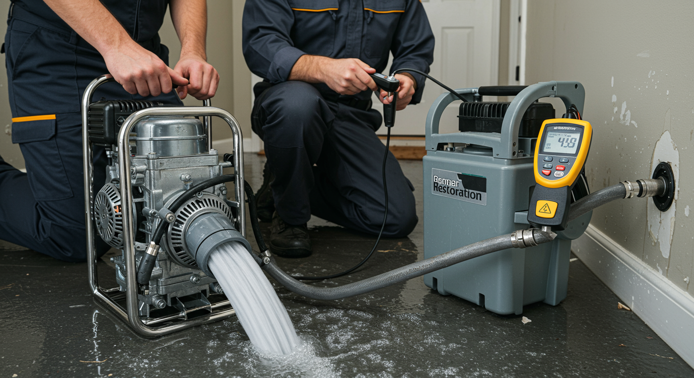 Close-up of restoration equipment in use, such as water extraction machines and moisture meters, with technicians monitoring the process.