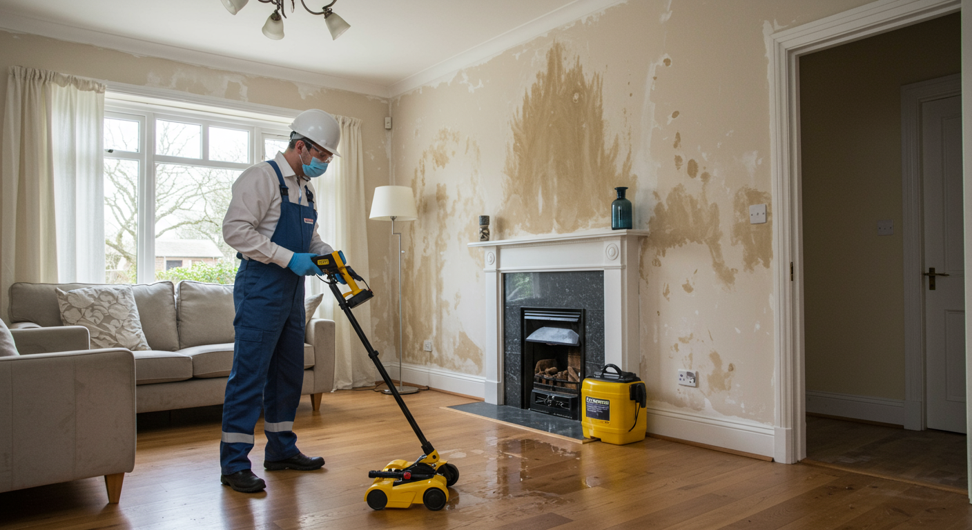 A professional technician inspecting a home for water damage, using moisture detection equipment. The scene shows a living room with visible water stains on the walls and floor.