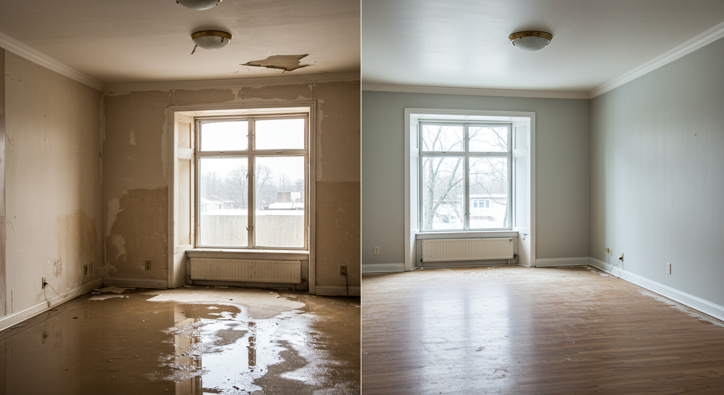 A split image showing a room before water restoration (flooded and damaged) and after the restoration (clean and restored). The transformation highlights the effectiveness of the service.