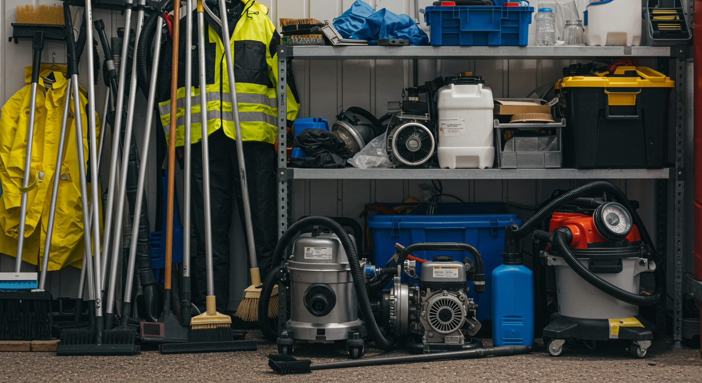 A close-up shot of various cleanup tools and equipment (e.g., water pumps, vacuums, protective gear) arranged neatly, symbolizing readiness and professionalism in emergency response.