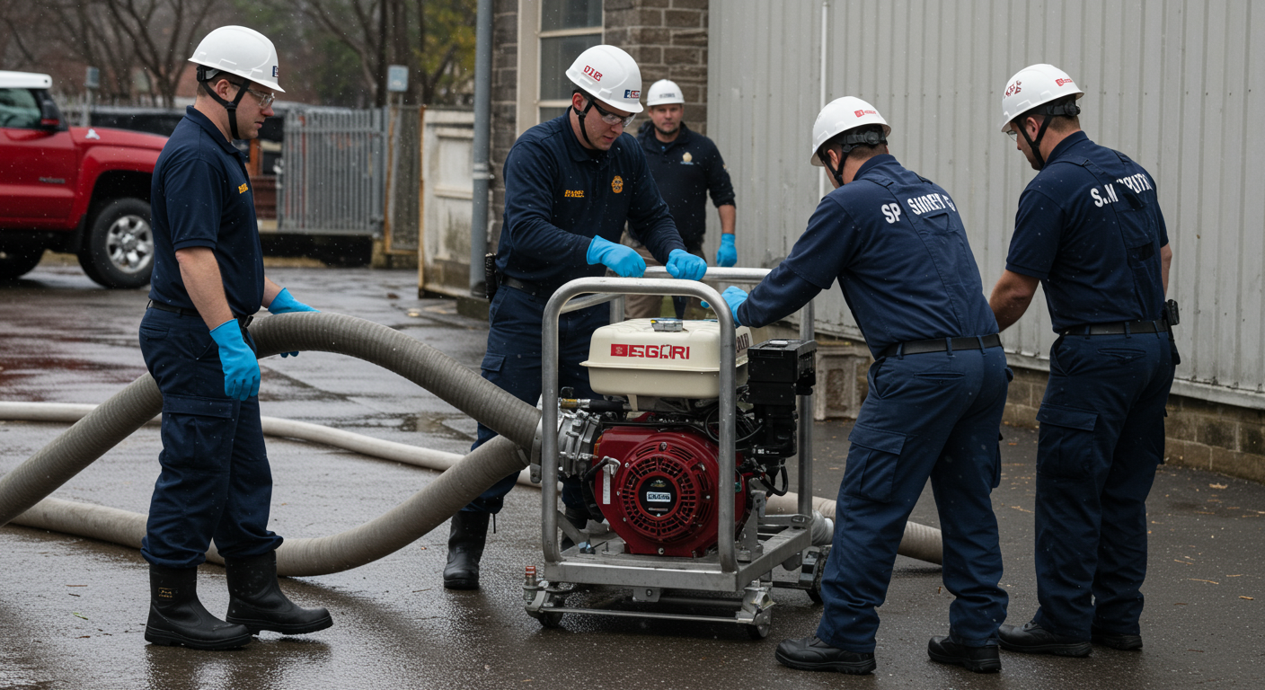 Emergency response team members working together to pump out water from a flooded commercial property. They are using industrial equipment and collaborating effectively.