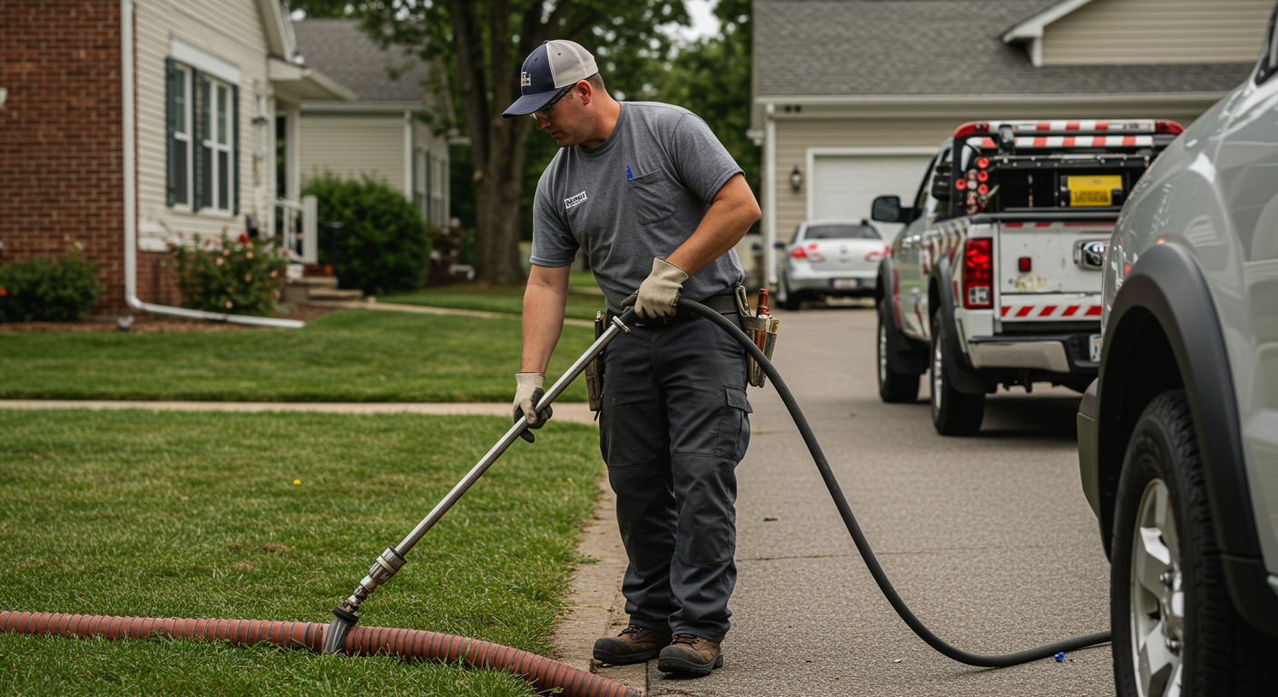 A professional plumber in a uniform is actively cleaning a sewer line with specialized equipment, showcasing the urgency of the situation. The background features a residential area in Nicholasville, KY, emphasizing local service.