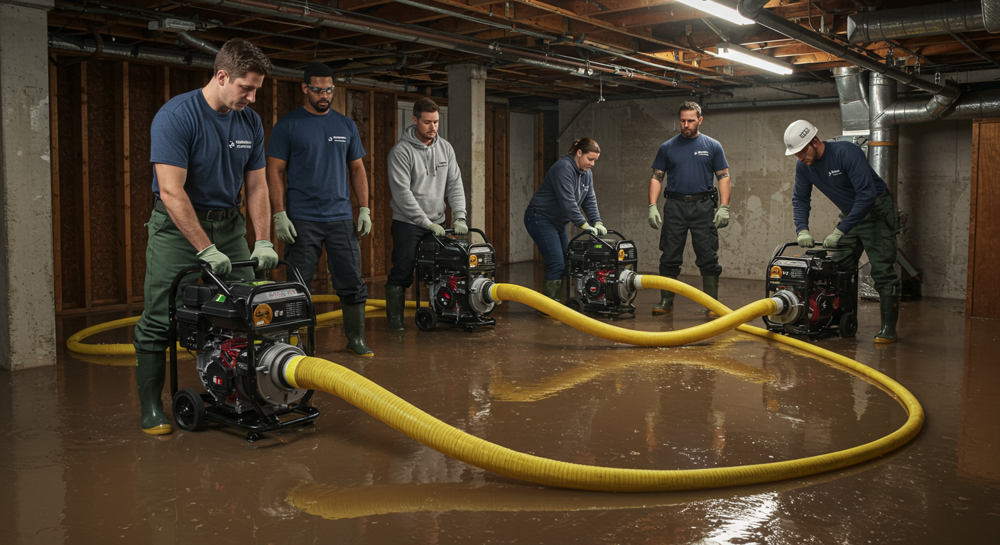 A team of water restoration experts working together to remove water from a flooded basement using industrial pumps and hoses.