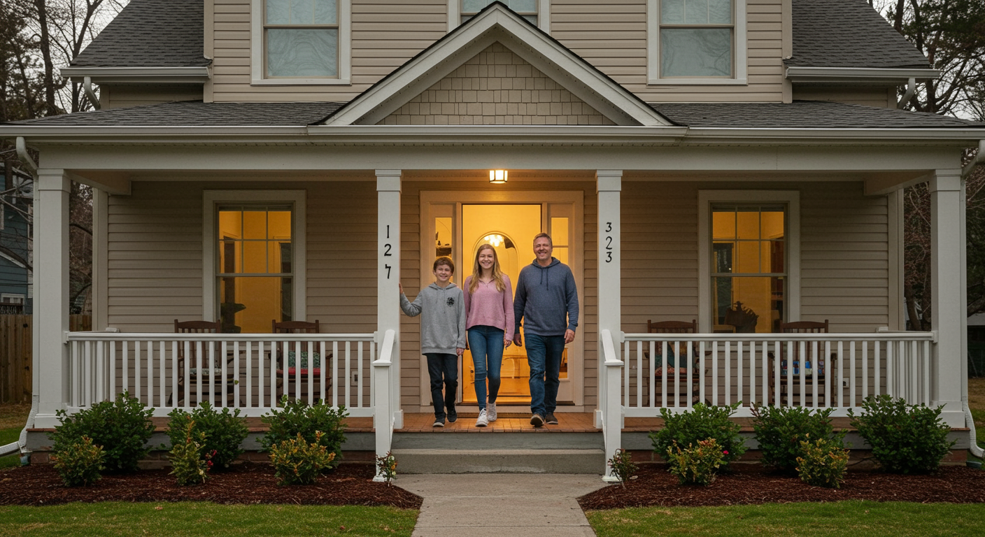 A happy family entering their restored home, with smiles and relief on their faces, symbolizing hope and recovery after a disaster.