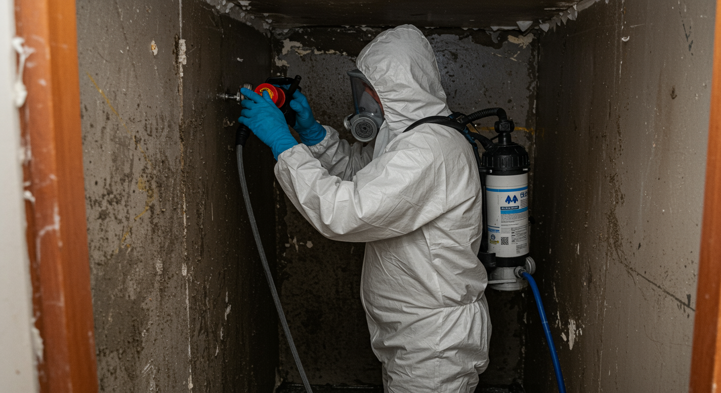 A technician in protective gear applying mold remediation techniques in a damp area of a home, showcasing the detailed work involved in the restoration process.