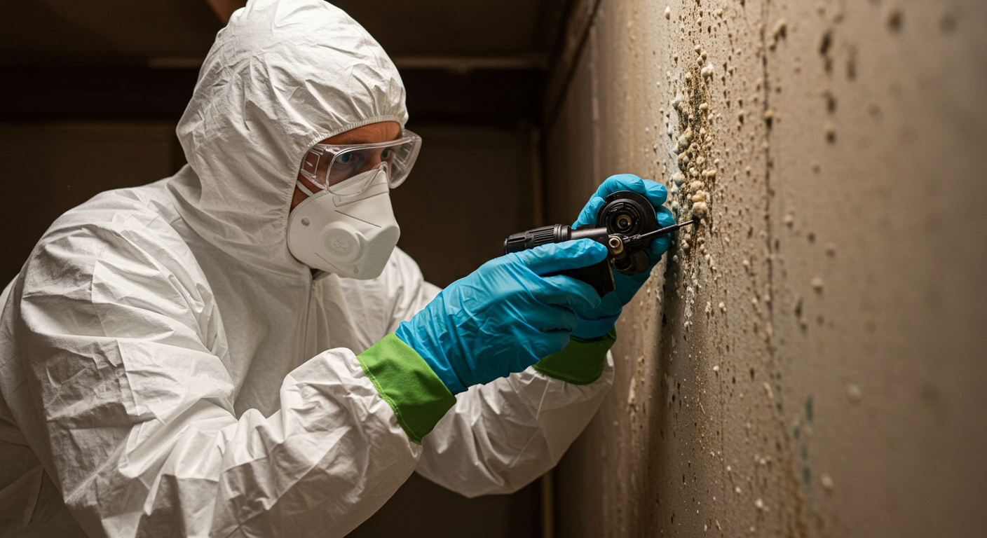 A close-up of a technician in protective gear inspecting a wall for mold growth in a residential basement. The focus is on the technician's careful examination, highlighting the importance of thorough mold remediation in water restoration.