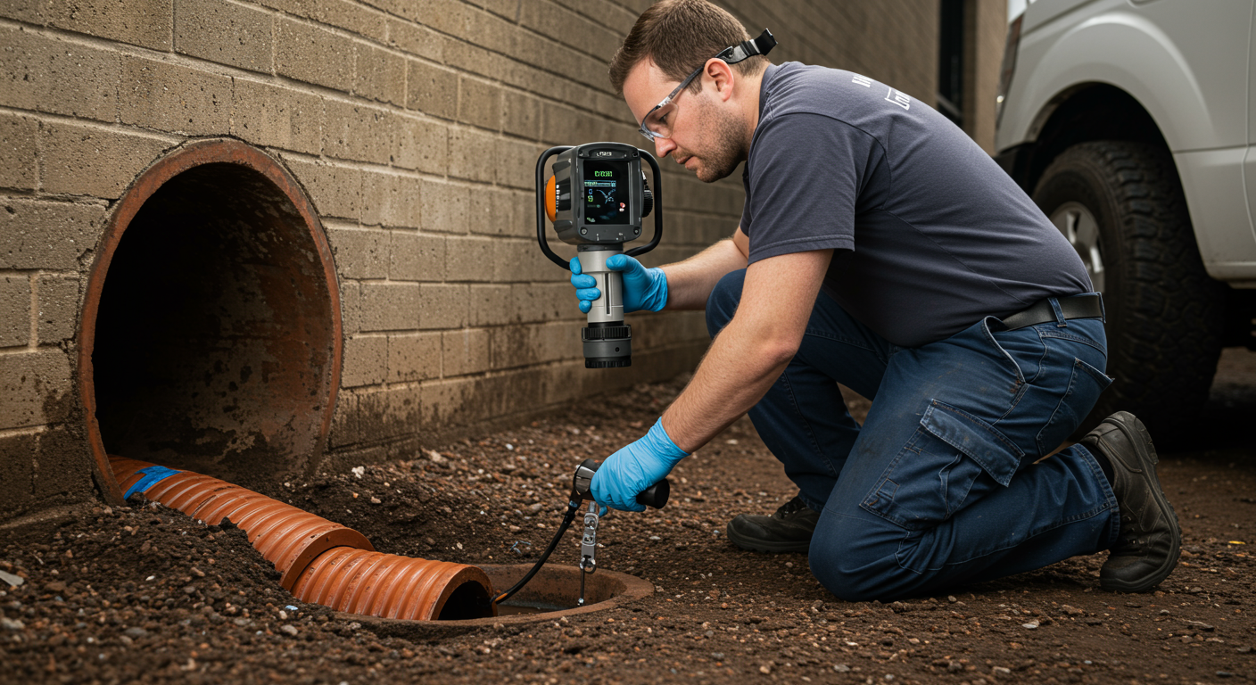 A technician inspecting a sewer line with a camera, showcasing the diagnostic process before the cleanup begins. The technician is focused and professional.