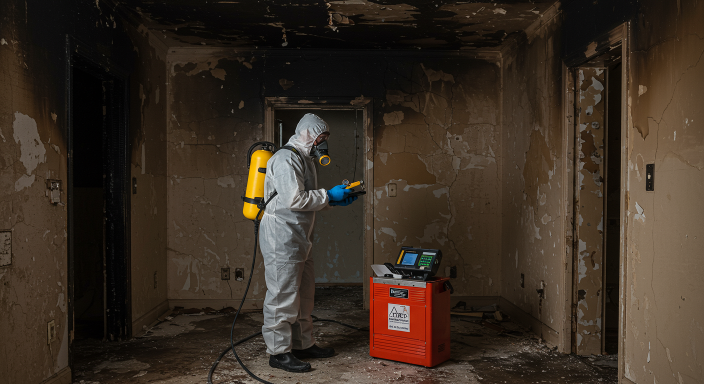 A restoration technician inspecting a water-damaged room with visible fire damage on the walls. The technician is wearing protective gear and holding a moisture meter.