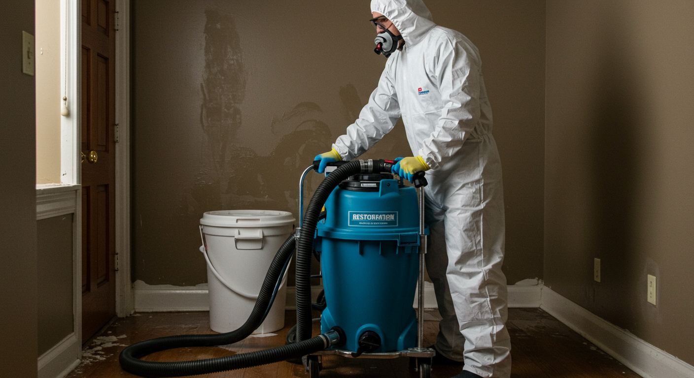 A professional restoration technician in action, using specialized equipment to extract water from a flooded room. The scene captures the technician focused on their task, showcasing the tools and techniques involved in the restoration process.