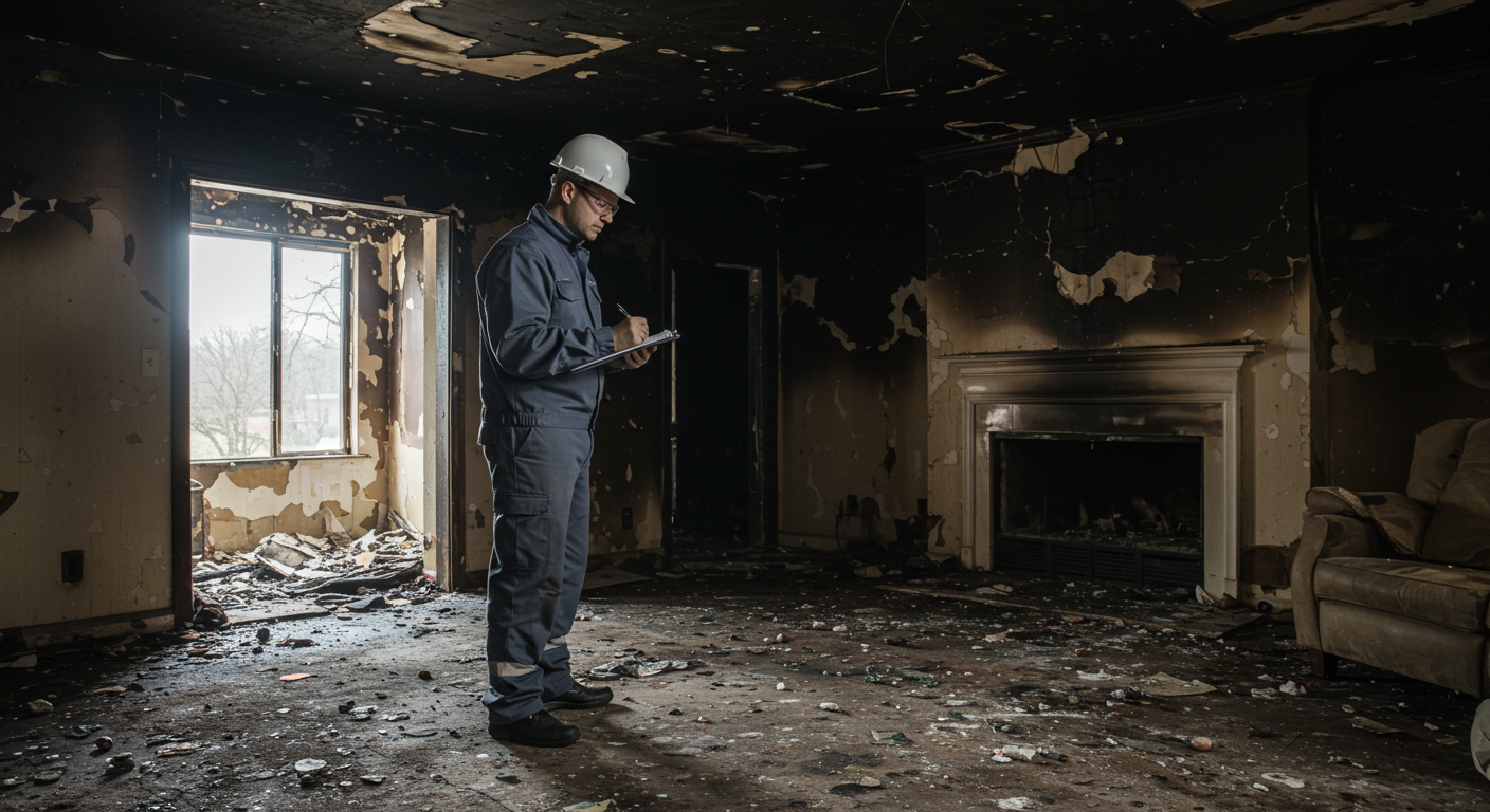 A professional fire restoration technician inspecting a charred living room, taking notes and assessing the damage. The room shows visible signs of fire damage, with blackened walls and debris.